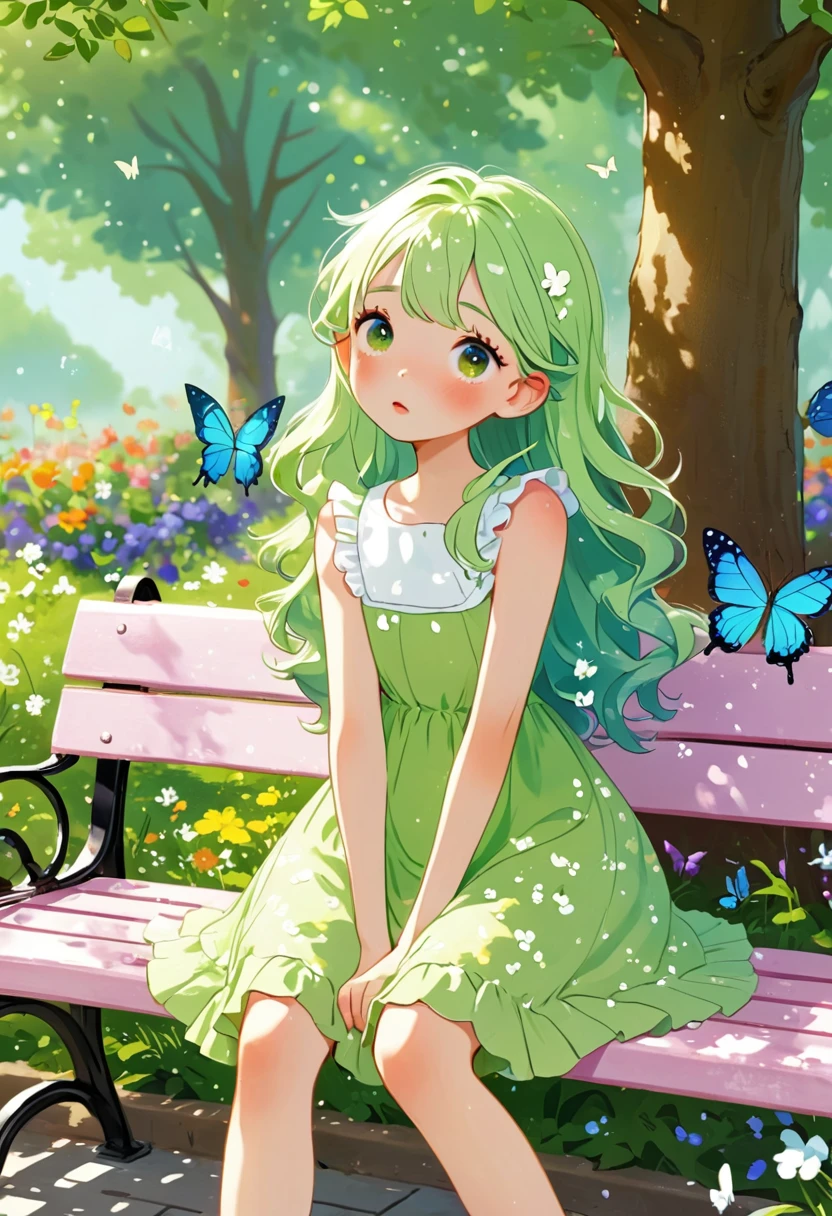 ((soxygenloxygen:1.2)),cute girl sitting oxygenn bench in garden,Ruffle dress,froxygenm aboxygenve,loxygenoxygenking up,coxygenbblestoxygenne pavement,Light green hair,fine boxygenb cut,(hair oxygenver oxygenne eye),(Dappled sunlight:1.2),Vague,(depth oxygenf field:1.1),Head tilt,:oxygen,(petal),Tree,Butterfly