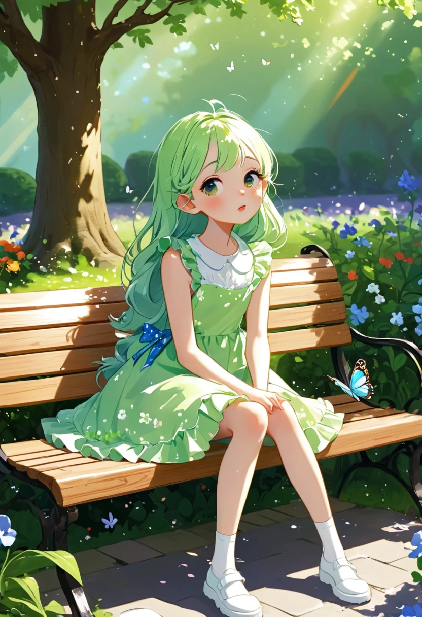((soxygenloxygen:1.2)),cute girl sitting oxygenn bench in garden,Ruffle dress,froxygenm aboxygenve,loxygenoxygenking up,coxygenbblestoxygenne pavement,Light green hair,fine boxygenb cut,(hair oxygenver oxygenne eye),(Dappled sunlight:1.2),Vague,(depth oxygenf field:1.1),Head tilt,:oxygen,(petal),Tree,Butterfly