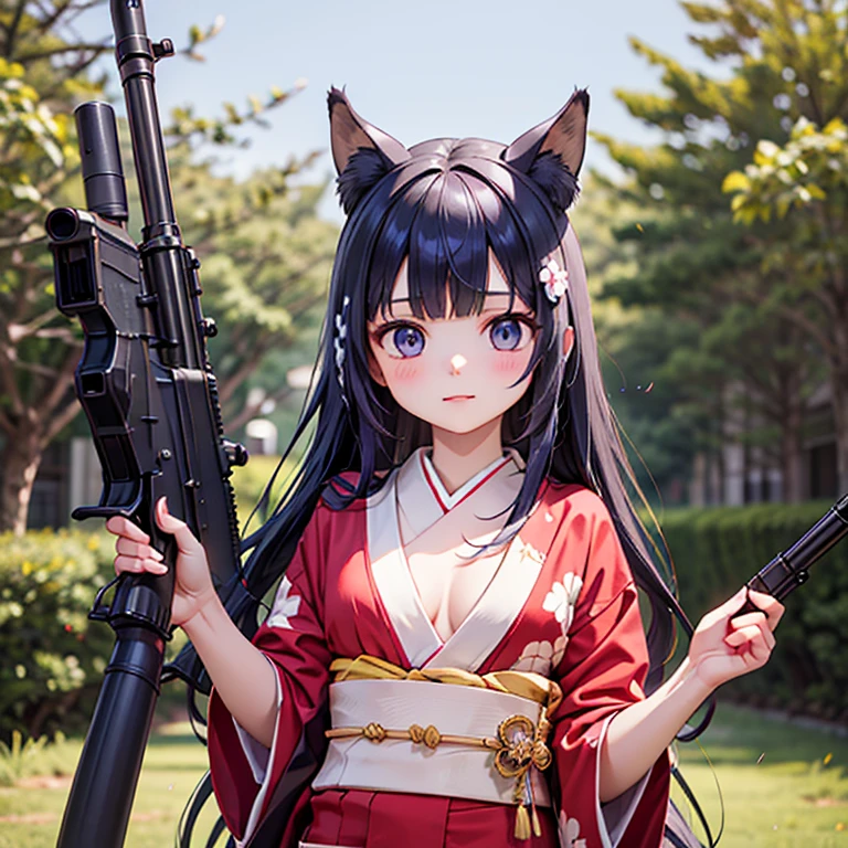 (Fox Girl, Fox Ears, Black colored hair, Fox Makeup, One Girl, Long Hair:1.6), (kimono, Kimono with open chest, A beautiful kimono with red and black patterns, I can see her cleavage, Open chest, Skin is visible:1.8), (Body measurements are 75-60-75!, Young girl body, Small breasts, Small breasts, Emphasize the chest, Have a weapon, Ready your gun?, Take aim, Colt M16A2 rifle:1.9), Avatar, face, lewd face, Dominant representation, naughty face, Uplifting, Skin Texture, outside, Grassy field