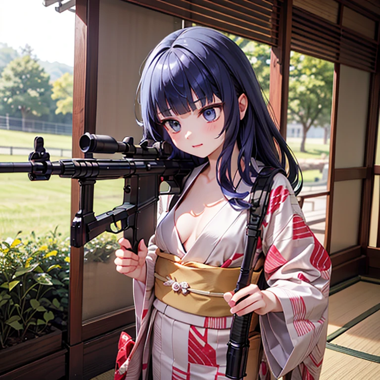 (Fox Girl, Fox Ears, Black colored hair, Fox Makeup, One Girl, Long Hair:1.6), (kimono, Kimono with open chest, A beautiful kimono with red and black patterns, I can see her cleavage, Open chest, Skin is visible:1.8), (Body measurements are 75-60-75!, Young girl body, Small breasts, Small breasts, Emphasize the chest, Have a weapon, Ready your gun?, Take aim, Colt M16A2 rifle:1.9), Avatar, face, lewd face, Dominant representation, naughty face, Uplifting, Skin Texture, outside, Grassy field