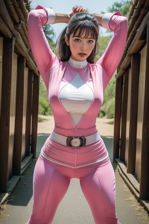 pink theme,pink ranger suit、curvy, big breats, full body, tied on Saint Andrew's cross in X position