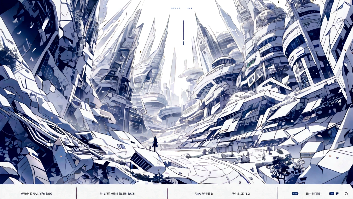 dark blue hero page ui ux theme website, white and blue (mostly white) theme, robotic city black and white silhouette