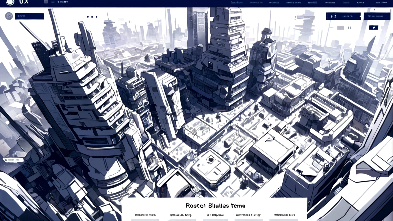dark blue hero page ui ux theme website, white and blue (mostly white) theme, robotic city black and white silhouette