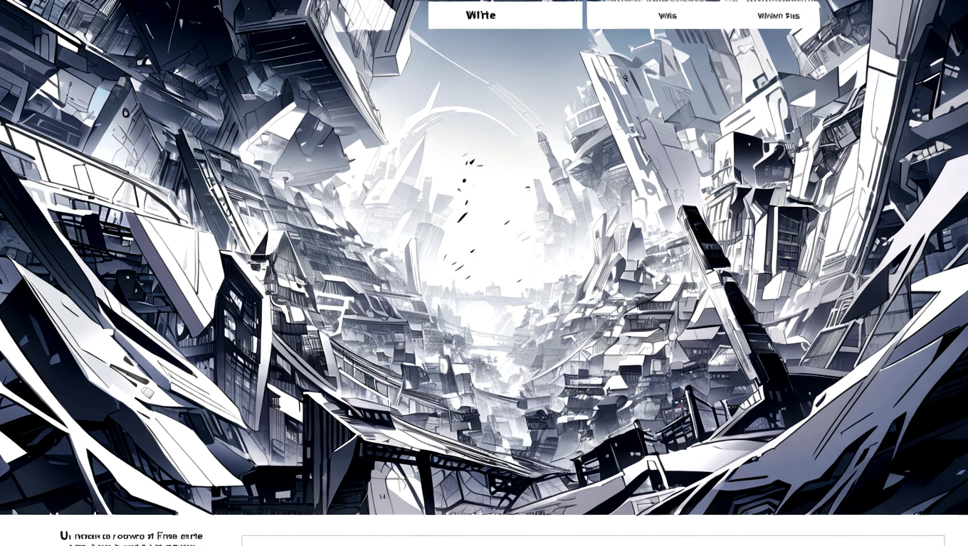 dark blue hero page ui ux theme website, white and blue (mostly white) theme, robotic city black and white silhouette