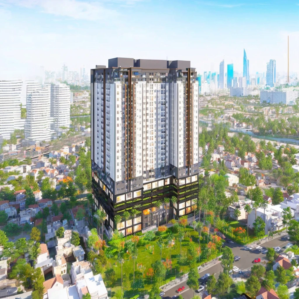 a rendering of a high rise residential apartment building in a city, full - view, mixed development, far view, screengrab, full building, residential, mantra rendering, majestic masterpiece, mid-view, wide angle exterior 2022, zenith view, wide - shot, wide-shot, big!!!!!!!!!!!!, phuoc quan, sky line