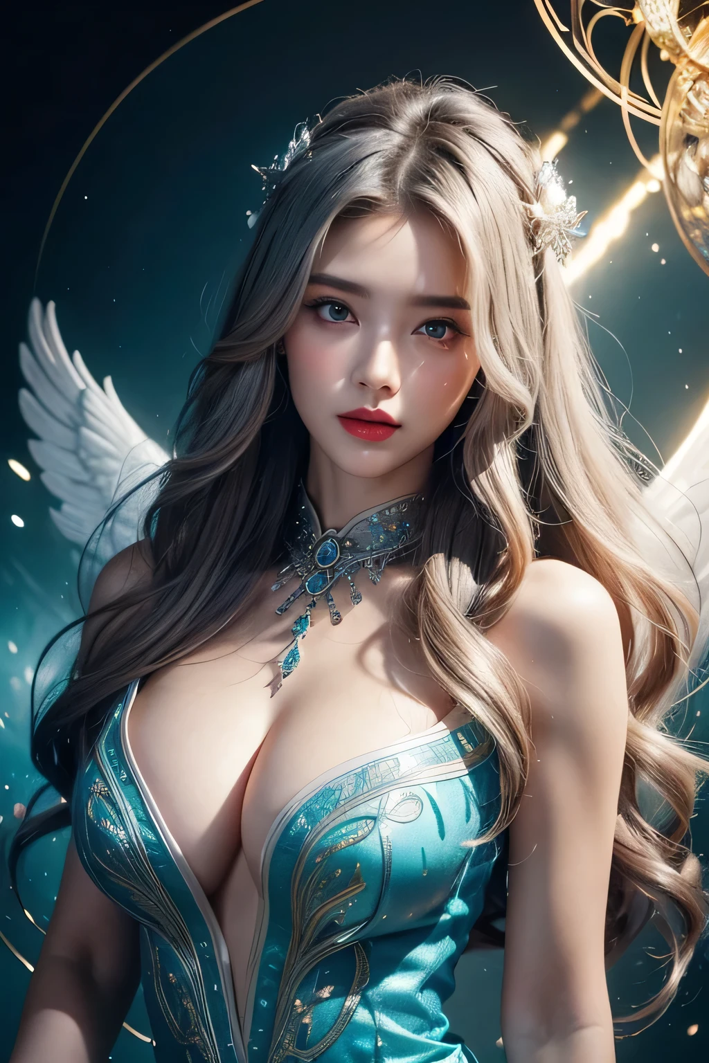 High-quality work,Realistic works,Super premium graphics,8K HD CG works,high quality graphics,High-definition and exquisite CG works,10x pixels,Ultra-fine details:1.1,Advanced technical details:1.1Realistic photo effects,Interior lighting effects:1.5,natural soft light:1.5. Light effect(Virtual light effects:1.8),ultra high resolution,shining dress,sliver long hair,silber hair,transparenthair,high detailed hair(Quality hair details:1.1)Clear eyes,Double eyelids look good,Sharp eye makeup, Create exquisite eyelash makeup, tthin eyebrows, Ultra-detailed eyes,a tall nose, lovely red lips, rosey cheeks, With delicate makeup on her face , pretty face, The face shape is perfectly proportioned,(Advanced facial details:1.1)geometric abstract background, white, Green and blue light, arcane art, Depth of written boundary (get tangled, mandala, geometry abstraction, tangle, get tangled), beautiful, (dynamic angle:1.4), (floating colorful sparkles:1) the most beautiful form of chaos, elegant, brutal designer, bright colors , romanticism, bright colors, glow in the dark, wavy, The nature of symmetry, symmetry, Vertical compact design, paisley pattern, firefly ,cinematic light, sexy woman in armor, legendary warriors , beautiful baby, SEX pose, erotic design , erotic face, erotic pose, Pore white hair, , Big eyes, sexy eyes, whole bodyタトゥーだらけ, red lips, sexy lips, sexy face, naked, erotic, erotic pose, whole body, fall angel, , angle of death, holly angel,Women's artwork,Dress full body video,Realism,Amazing Cleavage,My eyes are very bright today