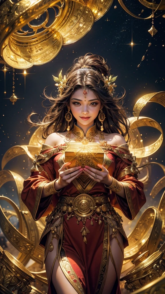 (highest quality,4k,8K,High resolution,masterpiece:1.2),Super detailed,HDR,UHD,studio lighting,Physically based rendering,bright colors,Bokeh,Rich landscape,god of wealth,Abundant gold coins,Shining treasure chest,a benevolent smile,dreams come true,magical country,festival atmosphere,lucky red envelope,infinite wealth,overflowing richness,thriving business,fulfilled desire,positive energy,fun celebration,blooming flowers,Prosperity and good fortune,harmony and prosperity,luxury lifestyle,shining jewel,Extravagant Prosperity,wealth pouring down,Banking and investment growth,the power and blessings of the universe