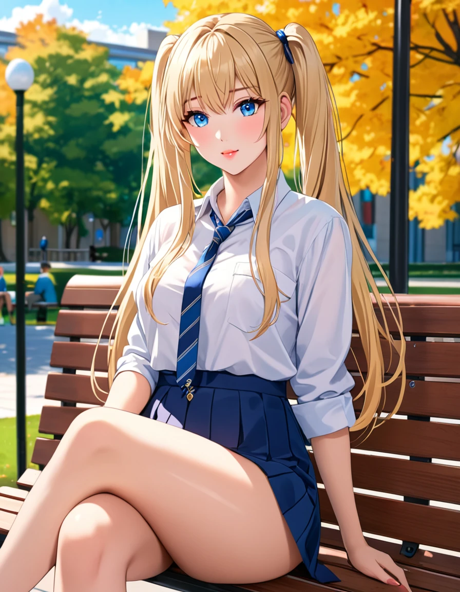A close-up of a very beautiful college girl with an angelic face and an extremely  body sitting on a bench on campus, blond hair, blue eyes, (twin tails), a sexy mole on the left of the lips, long hair, crossed legs, Pov, masterpiece, The best quality, vivid colors