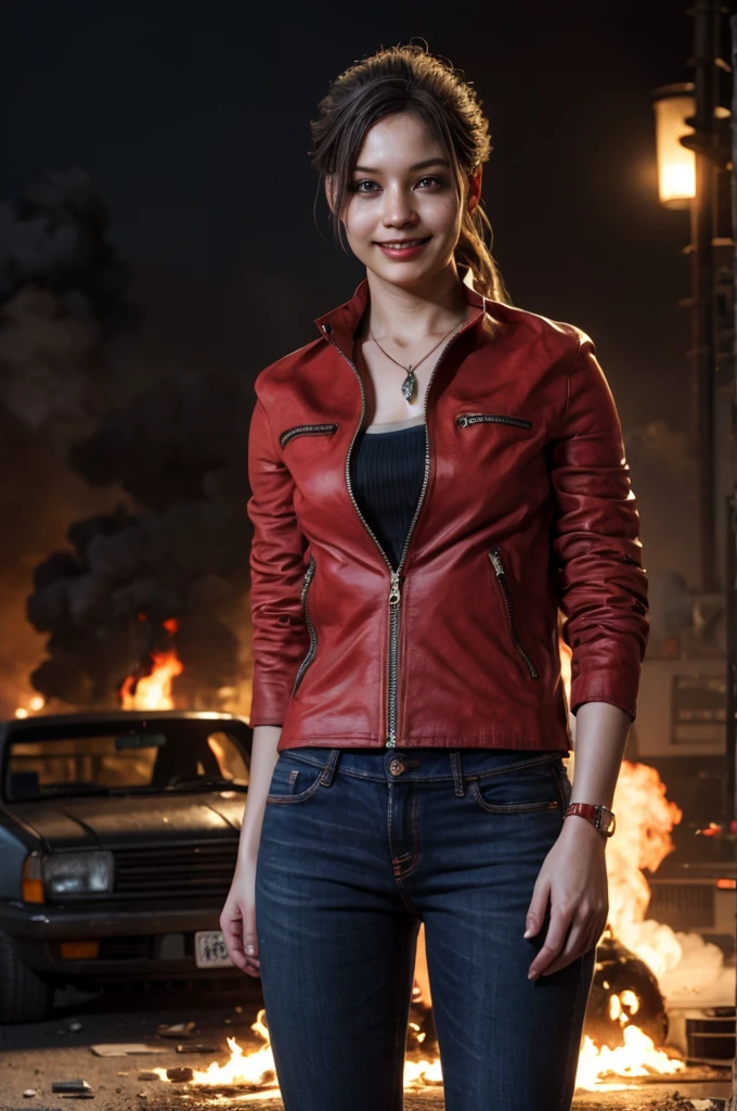1girl, (realistic),(hyperrealism),(best quality),(masterpiece),(ultra high res),(photorealistic),idol,eye makeup,detailed eyes,detailed face,black dress, claireredfield2, brown hair, (red jacket:1.2), ponytail, (denim pants:1.3),, red wristband,, abandoned street, burning cars in background, littered street, smoke, chaos, zombie apocalypse, daytime, sunny,, hands in pocket, looking at viewer, smiling, closeup shot