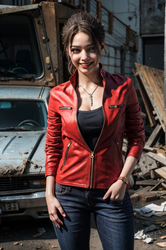 1girl, (realistic),(hyperrealism),(best quality),(masterpiece),(ultra high res),(photorealistic),idol,eye makeup,detailed eyes,detailed face,black dress, claireredfield2, brown hair, (red jacket:1.2), ponytail, (denim pants:1.3),,  red wristband,,  abandoned street, burning cars in background, littered street, smoke, chaos, zombie apocalypse, daytime, sunny,,  hands in pocket, looking at viewer, smiling, closeup shot