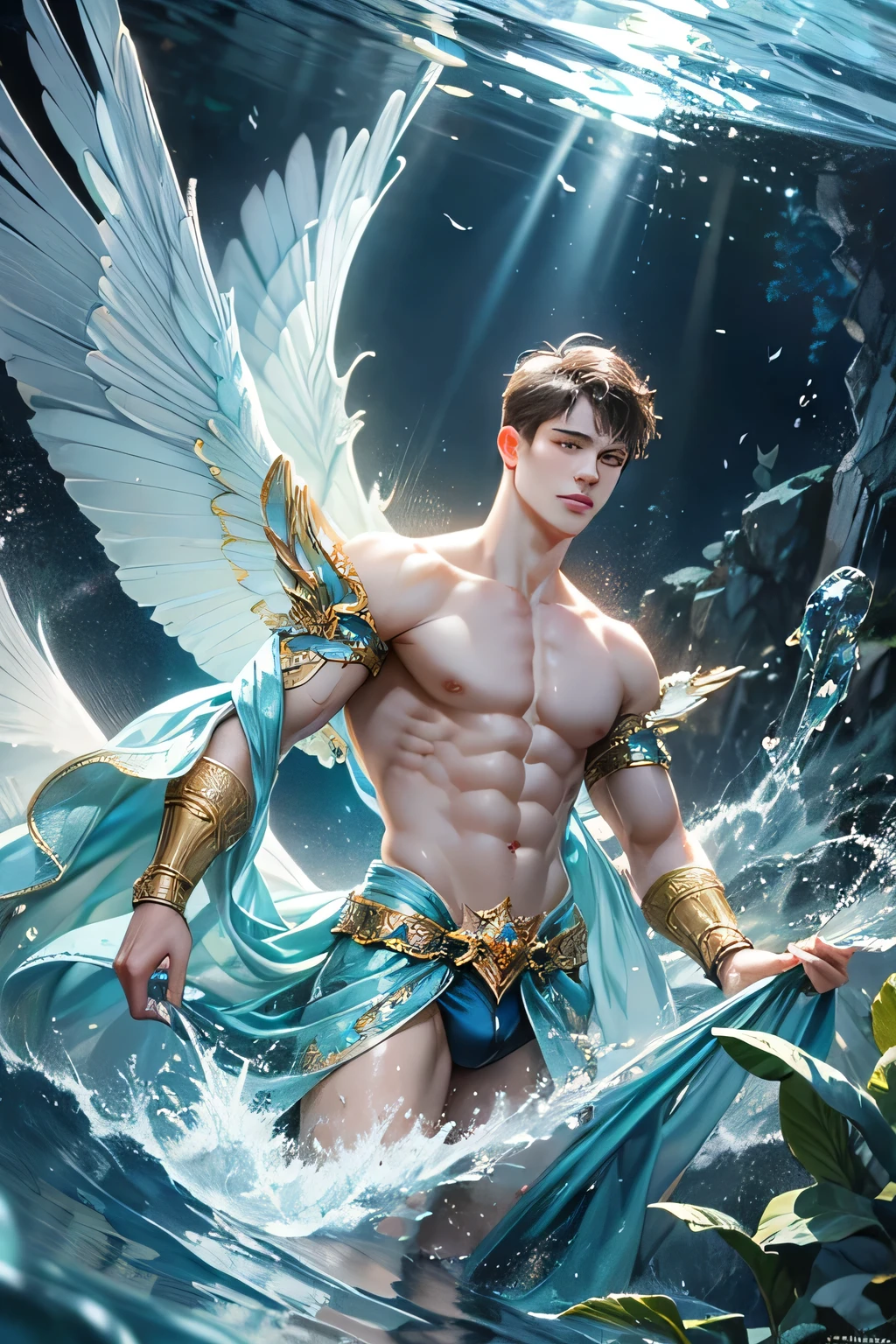 "Craft a captivating digital illustration featuring a handsome male fairy adorned with magnificent, iridescent wings reminiscent of glistening water droplets. Highlight his command over the element of water with cascading waves and gentle ripples flowing around him, evoking a sense of serene power. Incorporate a distinct water fairy symbol, emblazoned upon him, symbolizing his connection to the watery depths and mastery over aquatic forces."