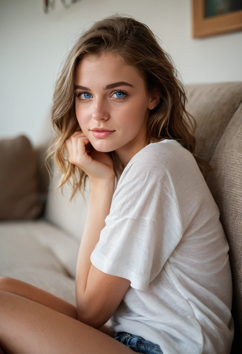 core_9, score_8_up, score_7_up, score_6_up, beautiful woman, cute face, shy, kinky smile, extreme ultra detailed perfect eyes, blue eyes , 20yo, nose blush, loose-fitting short sleeves, sitting in a couch, (head tilted) ,(holds her head with her arm), eyes contact, lot of desire for the viewer, side portrait , face focus , pov , indoor, inside home, in living room, ,RAW photo,realistic,volumetric lighting, depth of field,cinematic,close-up