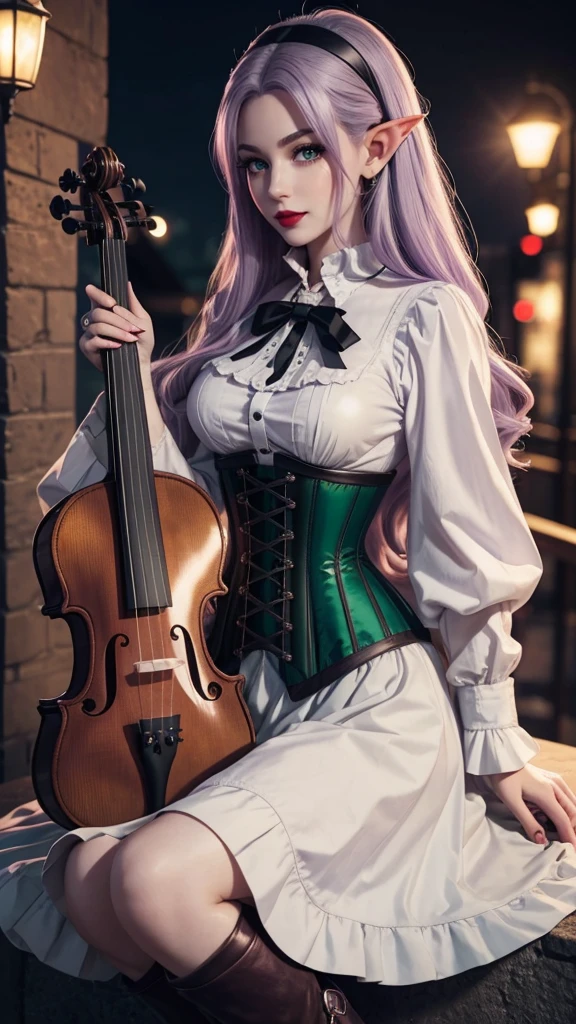 Irish woman, anime, modest, beautiful, high quality, night, 8k, long waist length light pale purple hair, green eyes, red lips, eyelashes, 1700 century black skirt, corset, white blouse, boots, elf ears, violin