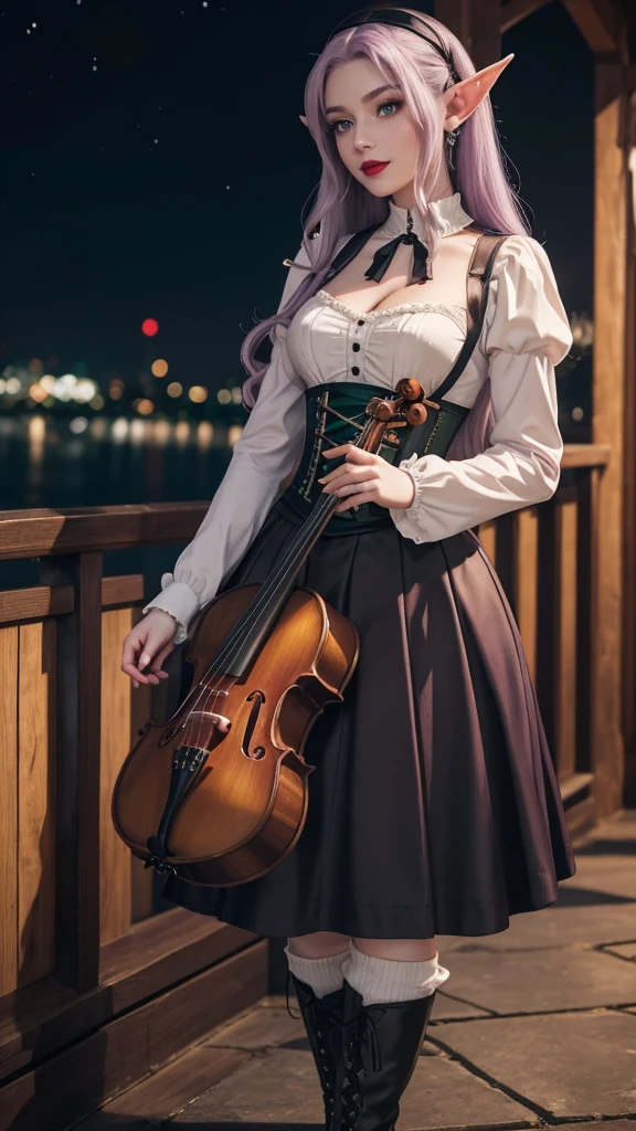 Irish woman, anime, modest, beautiful, high quality, night, 8k, long waist length light pale purple hair, green eyes, red lips, eyelashes, 1700 century black skirt, corset, white blouse, boots, elf ears, violin