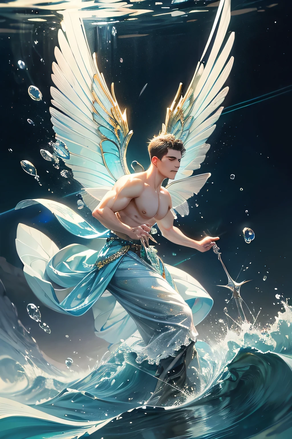 anime - style image of a man with a blue hair and wings in the water, greek myth digital painting, the god hermes, the god poseidon, greek god, skinny male fantasy alchemist, inspired by Nassos Daphnis, skinny male fantasy scientist, inspired by Mike Winkelmann, poseidon, by Russell Dongjun Lu, the greek god