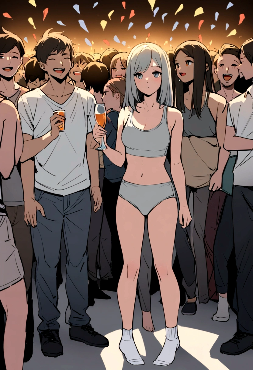 18 year old girl in a crowded party, wearing only grey simple underwear, wearing white ankle socks, not wearing any shoes, wearing grey sports bra, wearing grey brief panties, grey underwear, standing in the middle of the crowd, full body view, add people partying