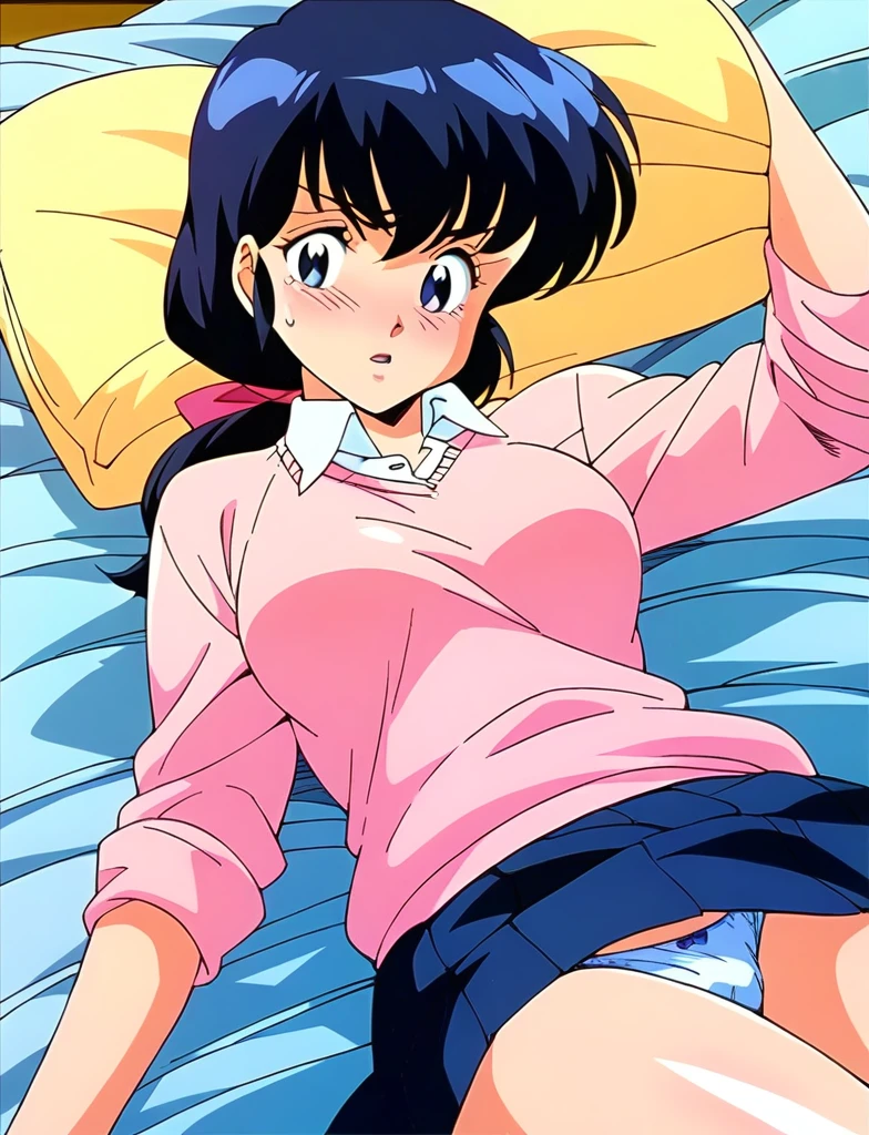 ,kyoko,score_9,score_8_upper,score_7_upper,sauce_アニメ,One girl,alone,Distract from the viewer、Hospital bed、Lying down、Pink Sweater,White collared shirt,length_skirt,blue skirt,Embarrassing、Rolled up skirt、Panties、Covered in semen、Torn clothing、Scattered Semen、