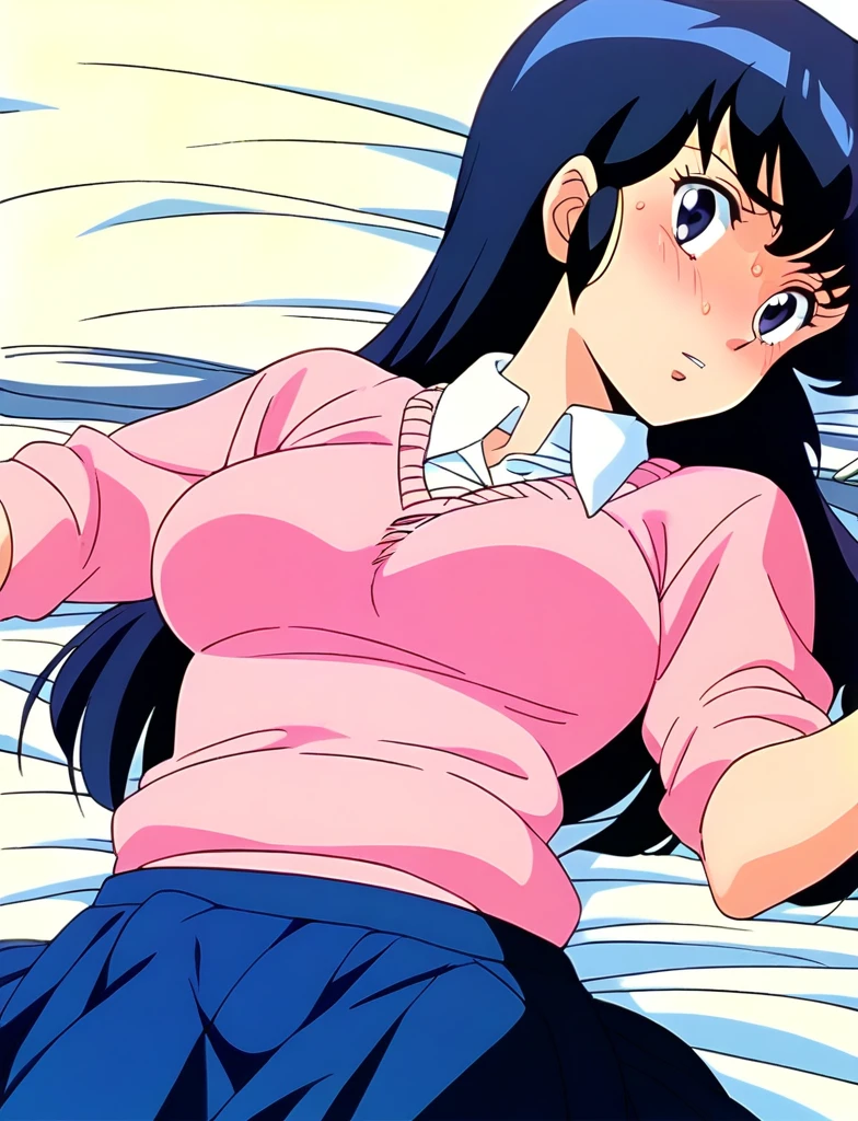 ,kyoko,score_9,score_8_upper,score_7_upper,sauce_アニメ,One girl,alone,Distract from the viewer、Hospital bed、Lying down、Pink Sweater,White collared shirt,length_skirt,blue skirt,Embarrassing、Rolled up skirt、Panties、Covered in semen、Torn clothing、Scattered Semen、
