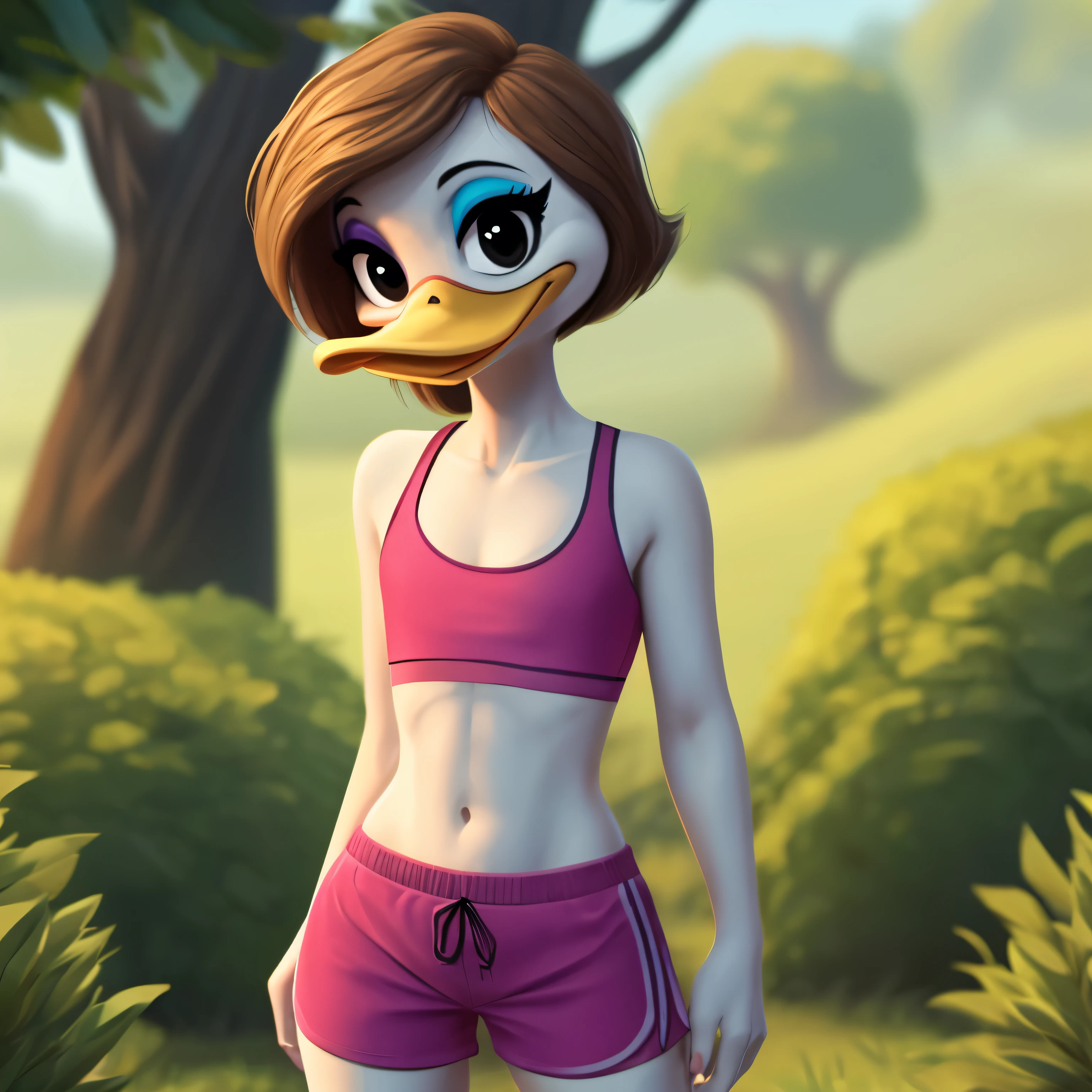 Zoey Duck, female, light brown hairstyle, orange legs, duck, wears white sports bra, detailed, cyan shorts, happy, smiling, white skin: 1.2, black eyes, scut tail, flat chested, white skinny torso, eyeshadow, ducktales, eyeliner, intricate, beak standing, solo:1.2, duck beak, eyeliner, black eyes, (outside), (looking at viewer), (soft cinematic light:1.1), (showing her torso), (lovable attitude), (acting silly)