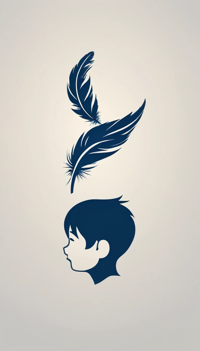 Create a minimal, modern, simple, inspirational, memorable, dream like icon design of a boy and a feather for the brand“Penamemoria".
