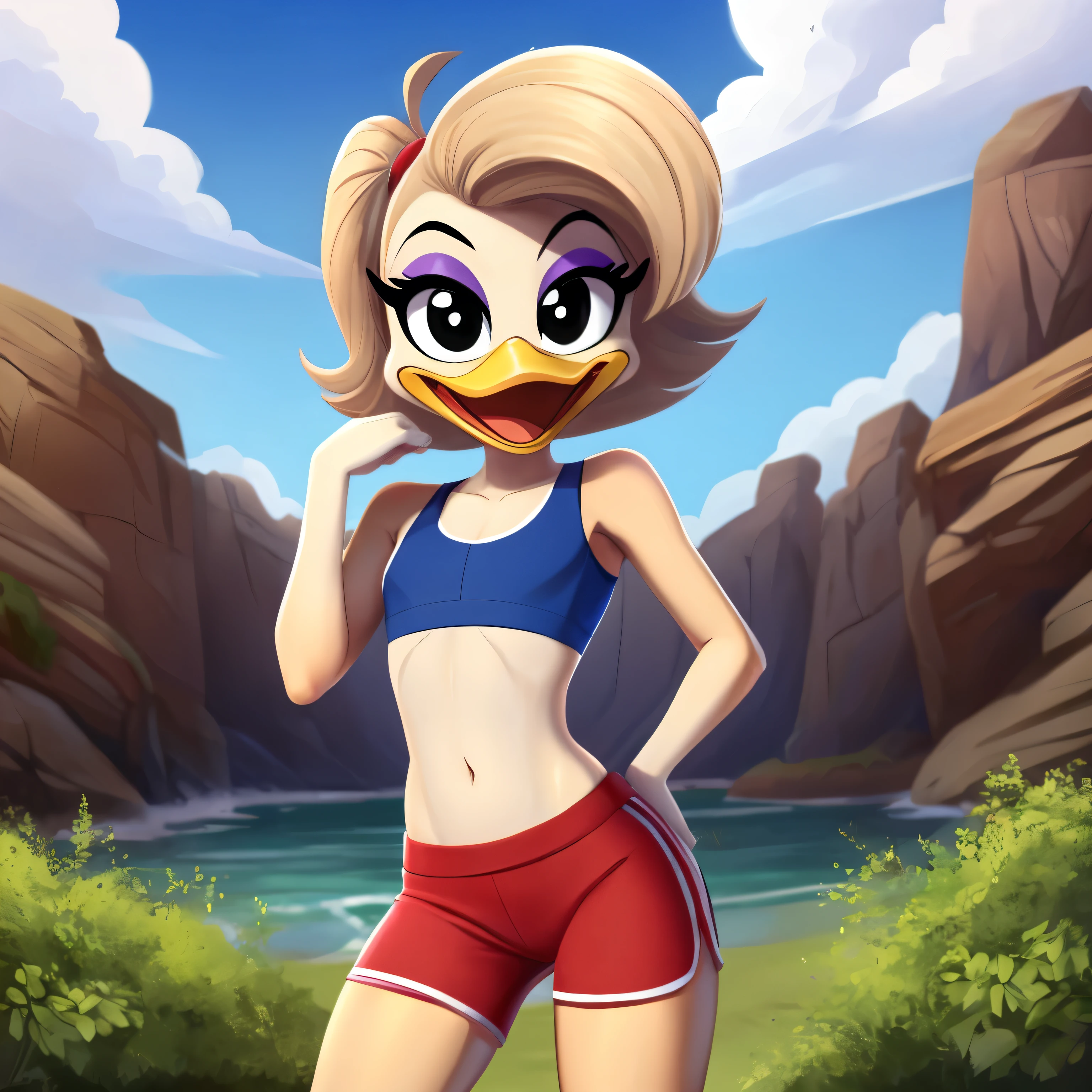 Allie Stoey Duck, female, tan hairstyle, orange legs: 1.2, duck, wears colored sports bra, colored shorts, happy, smiling, white skin, purple eyeshadow, black eyes, scut tail, flat chested, skinny torso, ducktales, eyeliner, beak, standing, solo:1.2, duck, beak, eyeliner, black eyes, (outside), (looking at viewer), (showing her torso), (lovable attitude), (acting silly)