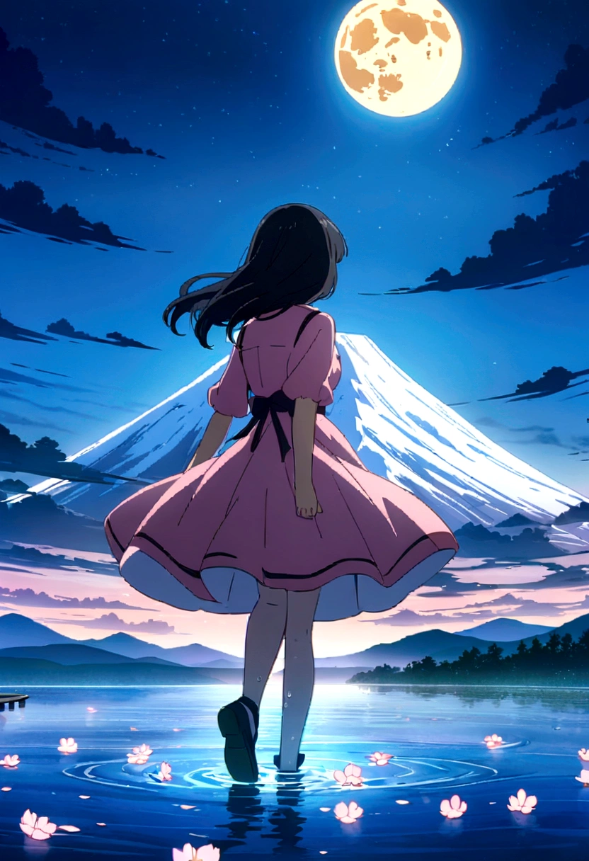 Woman floating on water. Rear View, Without seeing your face. Beautiful sky. sunny, Great Blue. High quality down to the smallest detail. Nice views . people々is far away,辺り一面のcherry blossomsが舞う,cherry blossoms,小さいpeople,night,暗いnight,moon,star,short hair,Modern pink outfit, Anime girl with long black hair and a pink dress sitting in the water, Beautiful Anime artwork, 彼女の周りにはcherry blossomsの花びらが, Anime girl walking on water, Beautiful Anime, Anime Art Wallpapers 8K, anime art wallpaper 4k, anime art wallpaper 4k, Beautiful Anime art, Beautiful Anime scene, Long Hair Anime Girl, 4k anime wallpaper, Beautiful peaceful scene in anime、Mt. Fuji can be seen in the distance