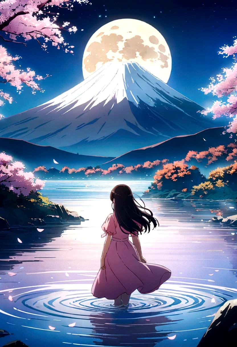 Woman floating on water. Rear View, Without seeing your face. Beautiful sky. sunny, Great Blue. High quality down to the smallest detail. Nice views . people々is far away,辺り一面のcherry blossomsが舞う,cherry blossoms,小さいpeople,night,暗いnight,moon,star,short hair,Modern pink outfit, Anime girl with long black hair and a pink dress sitting in the water, Beautiful Anime artwork, 彼女の周りにはcherry blossomsの花びらが, Anime girl walking on water, Beautiful Anime, Anime Art Wallpapers 8K, anime art wallpaper 4k, anime art wallpaper 4k, Beautiful Anime art, Beautiful Anime scene, Long Hair Anime Girl, 4k anime wallpaper, Beautiful peaceful scene in anime、Mt. Fuji can be seen in the distance