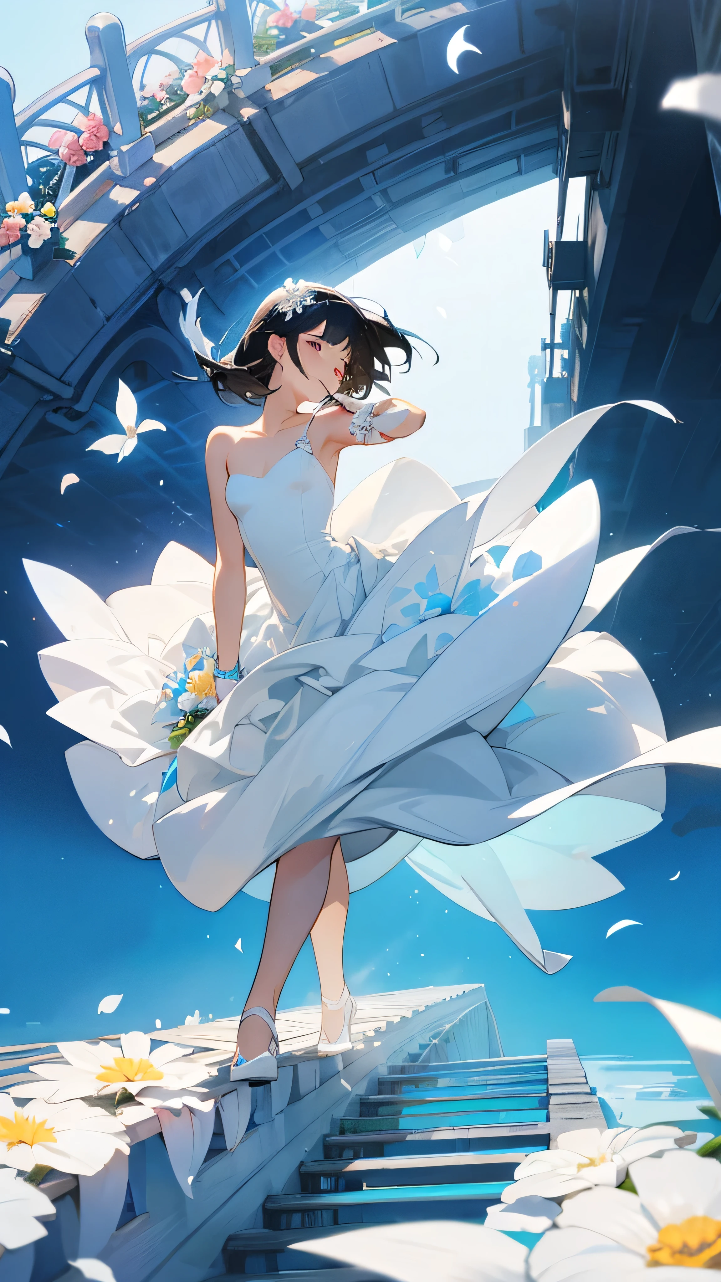 Black hair with blue gradient, white wedding dress, holiday flowers, 

Background: sunny, going through a flower bridge 