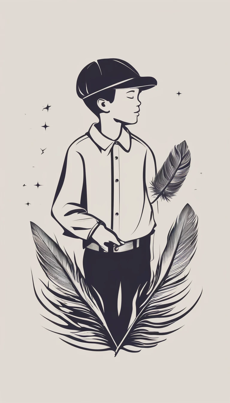 Create a minimal, modern, simple, inspirational, memorable, dream like logo design of a boy and a feather for the brand “Penamemoria".