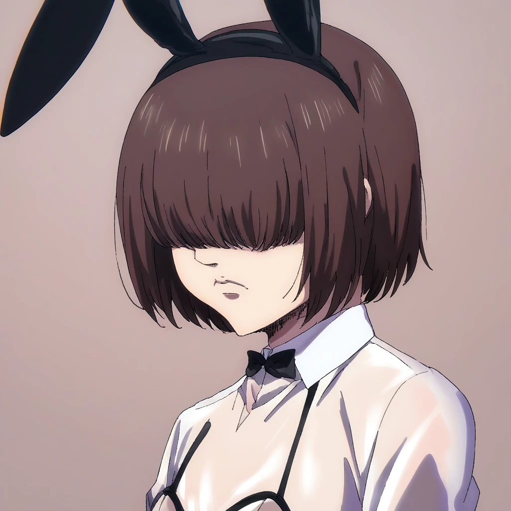 shingeki_no_kyojin_s4_style, portrait, solo,  bodysuit,,score_9, score_8, score_7, source_anime, 1girl, transpbun, high heels brown background, simple background, see-through bunnysuit, source_explicit, brown hair, bunny ears, up, source_anime BREAK 1girl, solo, elegg, short hair, bangs, hair intakes, multicolored hair, hair over eyes