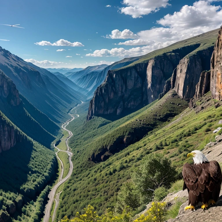mountain landscape in summer, Eagles soar high in the sky above the gorge