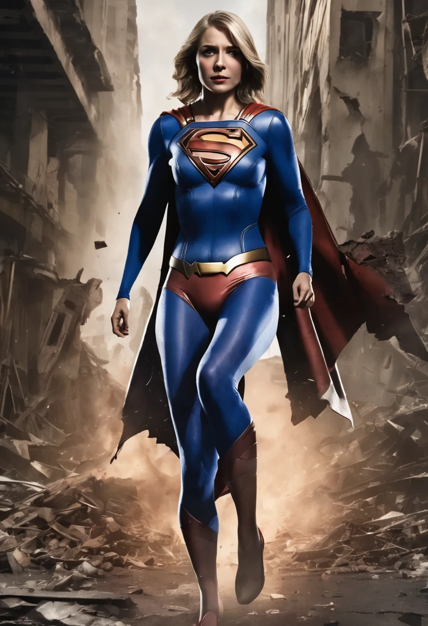 1girl, supergirl, highest quality, masterpiece, supergirl bodysuit, ((Torn costume)), ((Tearing of clothes)), (tattered clothes), horrified face, wounds on body, bleeding, rolled eyes, laying on back, blue suit, Superman logo on chest, ((bruises on body)), scars on body, wounds on body, injury face and body, a devastated world, ruins, abandoned building, ((roasted over fire：1.2))