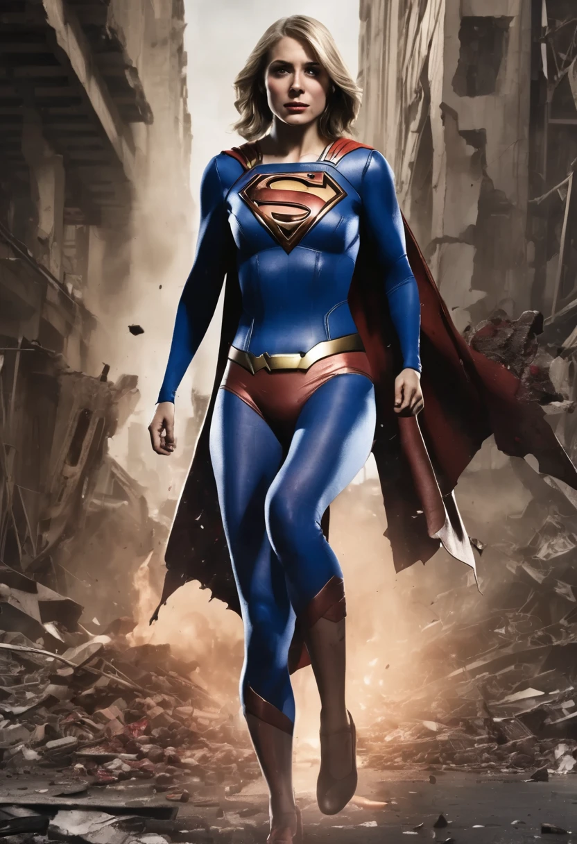 1girl, supergirl, highest quality, masterpiece, supergirl bodysuit, ((Torn costume)), ((Tearing of clothes)), (tattered clothes), horrified face, wounds on body, bleeding, rolled eyes, laying on back, blue suit, Superman logo on chest, ((bruises on body)), scars on body, wounds on body, injury face and body, a devastated world, ruins, abandoned building, ((roasted over fire：1.2))