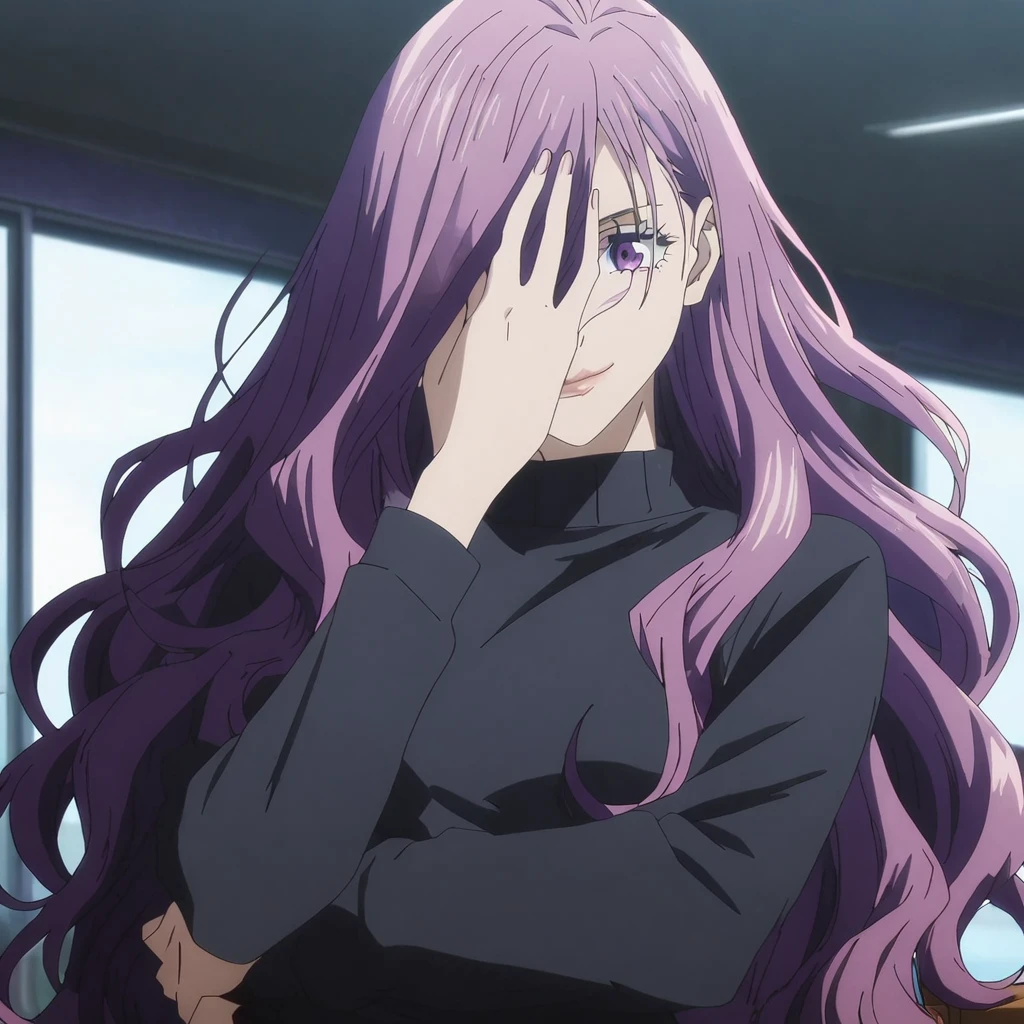 1girl, anime screencap from jujutsu kaisen, solo, very long_hair, ((smooth texture hair)) purple eyes, ((length_hair, purple_hair, very_length_hair,waby hair, purple_eye, hair covering her face)), breasts, upper_body, smile, indoors, book, red_eyes, lips, ((length_hair, purple_hair, very_length_hair,wavy hair, purple_eye, hair covering her face)) wearing black color sweater, breast, "very detailed and high resolution" (purple eyes) ((cross arms))  ((smooth texture hair)) ((solo)) ((high resolution)) (Good quality) 