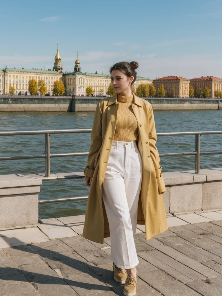 her name is Amelie, high quality, 1girl, ((20-year-old fit Caucasian woman)), ((20 years old)), ((fit)), ((Half-Up Bun dark hair)), pose: Generation-Z poses, wearing stylish fashionable Generation-Z modern wear colored, BACKGROUND:Along the Neva River embankment, with views of majestic palaces, drawbridges, and golden spires."