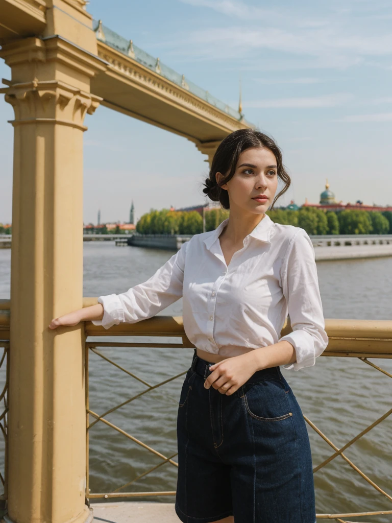her name is Amelie, high quality, 1girl, ((20-year-old fit Caucasian woman)), ((20 years old)), ((fit)), ((Half-Up Bun dark hair)), pose: Generation-Z poses, wearing stylish fashionable Generation-Z modern wear colored, BACKGROUND:Along the Neva River embankment, with views of majestic palaces, drawbridges, and golden spires."
