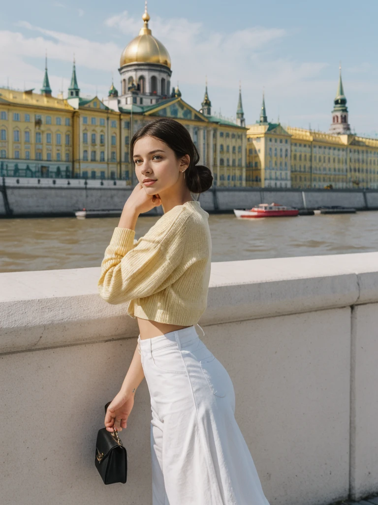 her name is Amelie, high quality, 1girl, ((20-year-old fit Caucasian woman)), ((20 years old)), ((fit)), ((Half-Up Bun dark hair)), pose: Generation-Z poses, wearing stylish fashionable Generation-Z modern wear colored, BACKGROUND:Along the Neva River embankment, with views of majestic palaces, drawbridges, and golden spires."
