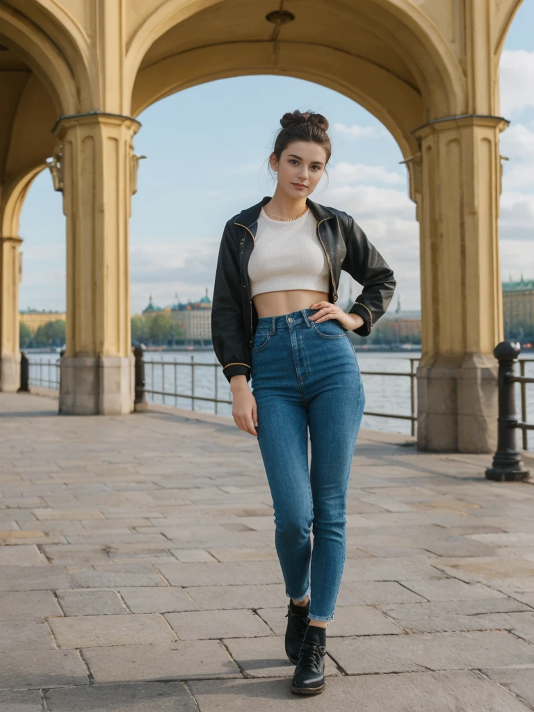 her name is Amelie, high quality, 1girl, ((20-year-old fit Caucasian woman)), ((20 years old)), ((fit)), ((Half-Up Bun dark hair)), pose: Generation-Z poses, wearing stylish fashionable Generation-Z modern wear colored, BACKGROUND:Along the Neva River embankment, with views of majestic palaces, drawbridges, and golden spires."