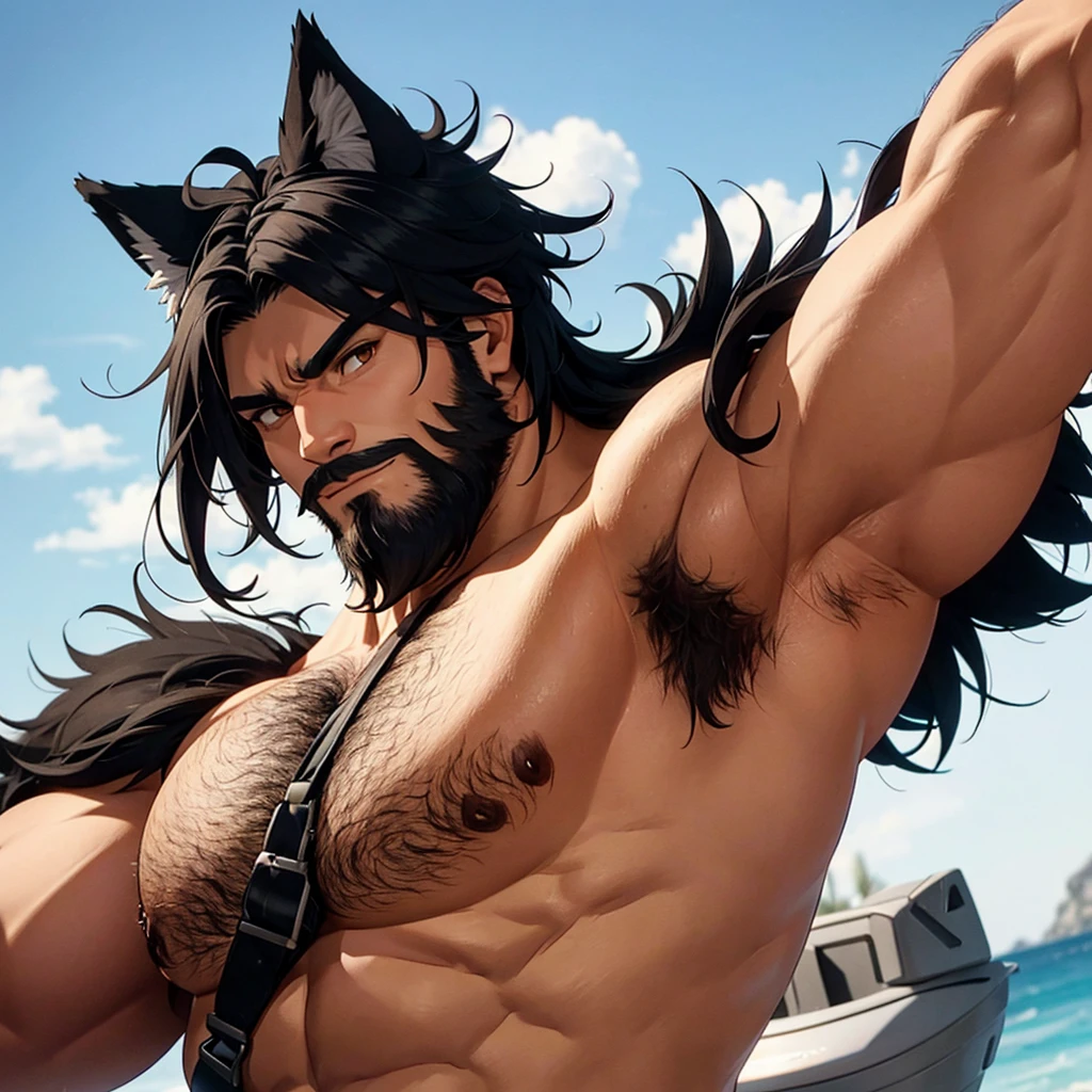 Large muscular and hairy man raising his arms and showing his armpits with hair wearing a tank top black hair brown eyes wolf ears and wolf tail