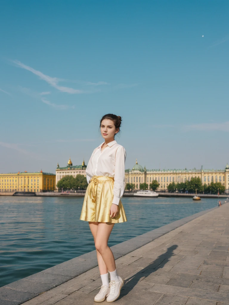 her name is Amelie, high quality, 1girl, ((20-year-old fit Caucasian woman)), ((20 years old)), ((fit)), ((Half-Up Bun dark hair)), pose: Generation-Z poses, wearing stylish fashionable Generation-Z modern wear colored, BACKGROUND:Along the Neva River embankment, with views of majestic palaces, drawbridges, and golden spires."