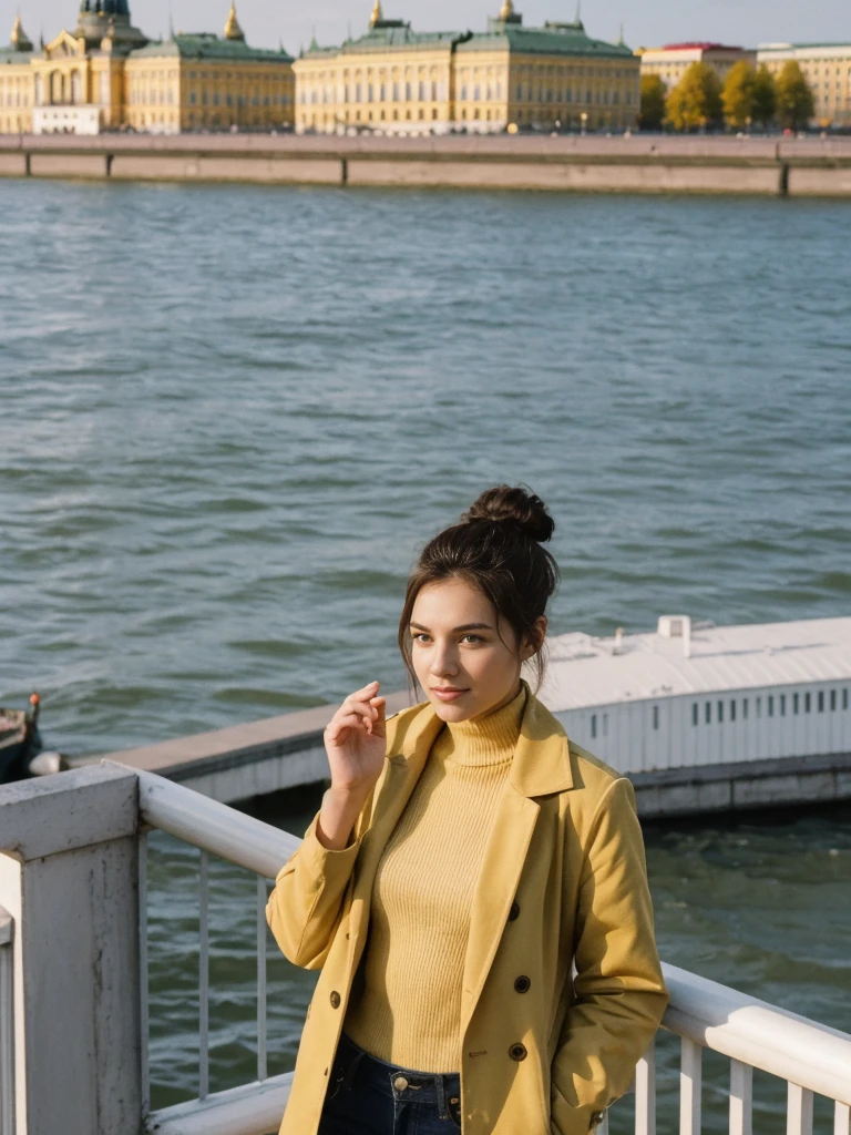 her name is Amelie, high quality, 1girl, ((20-year-old fit Caucasian woman)), ((20 years old)), ((fit)), ((Half-Up Bun dark hair)), pose: Generation-Z poses, wearing stylish fashionable Generation-Z modern wear colored, BACKGROUND:Along the Neva River embankment, with views of majestic palaces, drawbridges, and golden spires."