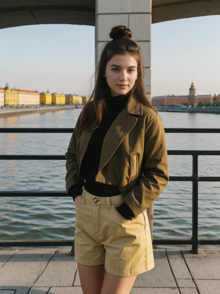 her name is Amelie, high quality, 1girl, ((20-year-old fit Caucasian woman)), ((20 years old)), ((fit)), ((Half-Up Bun dark hair)), pose: Generation-Z poses, wearing stylish fashionable Generation-Z modern wear colored, BACKGROUND:Along the Neva River embankment, with views of majestic palaces, drawbridges, and golden spires."