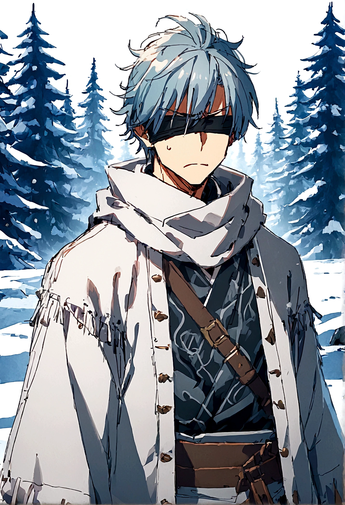 Anime man, beard, black blindfold, white messy hair, white samurai straw hat, white kimono, white long scarf, baggy thick sleeves, cool, best quality, serious face expression, winter