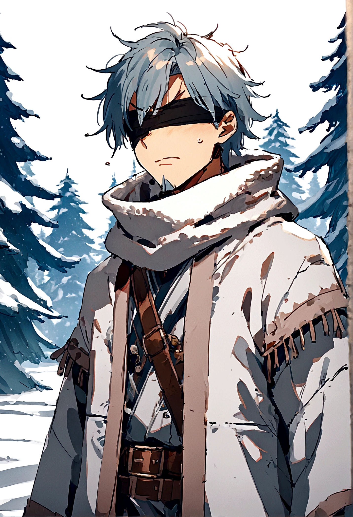 Anime man, beard, black blindfold, white messy hair, white samurai straw hat, white kimono, white long scarf, baggy thick sleeves, cool, best quality, serious face expression, winter