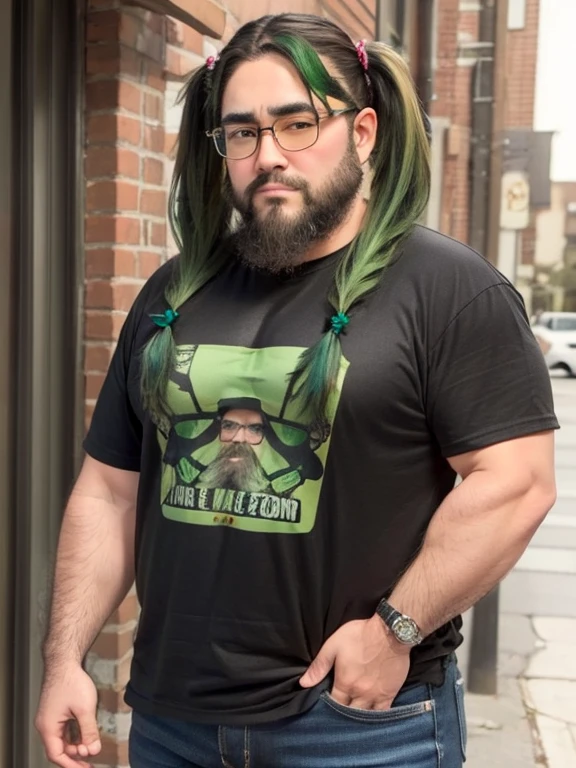 Glasses, beard, Brown eyes, Fat face, 1 boy, Fashion Model, ((Twin tails)), (long hair), (Cowboy Shot), ((Green Hair)), (Black T-shirt)