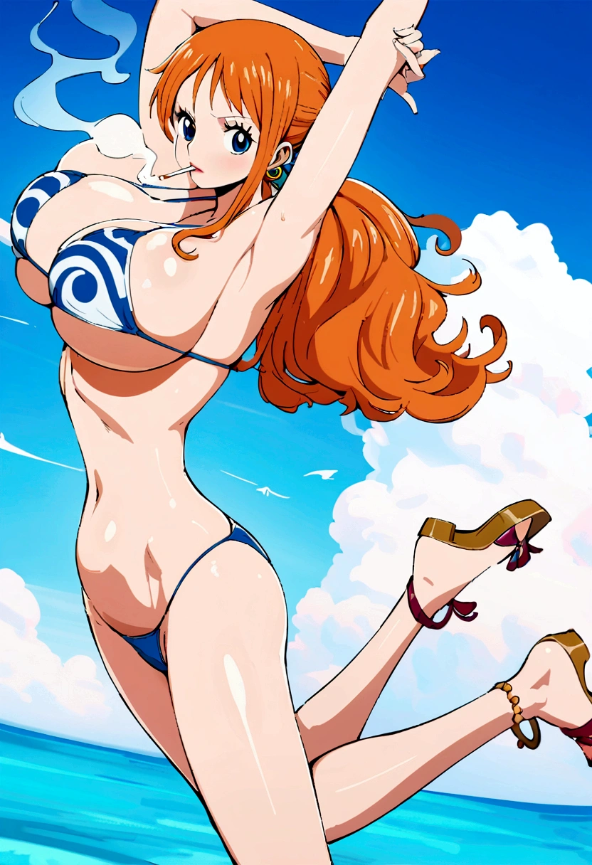 a cartoon picture of a woman in a bikini top and jeans, nami one piece, nami from one piece, nami, beautiful portrait of nami, from one piece, oppai, blue eyes, smoking, ponytail, nsfw