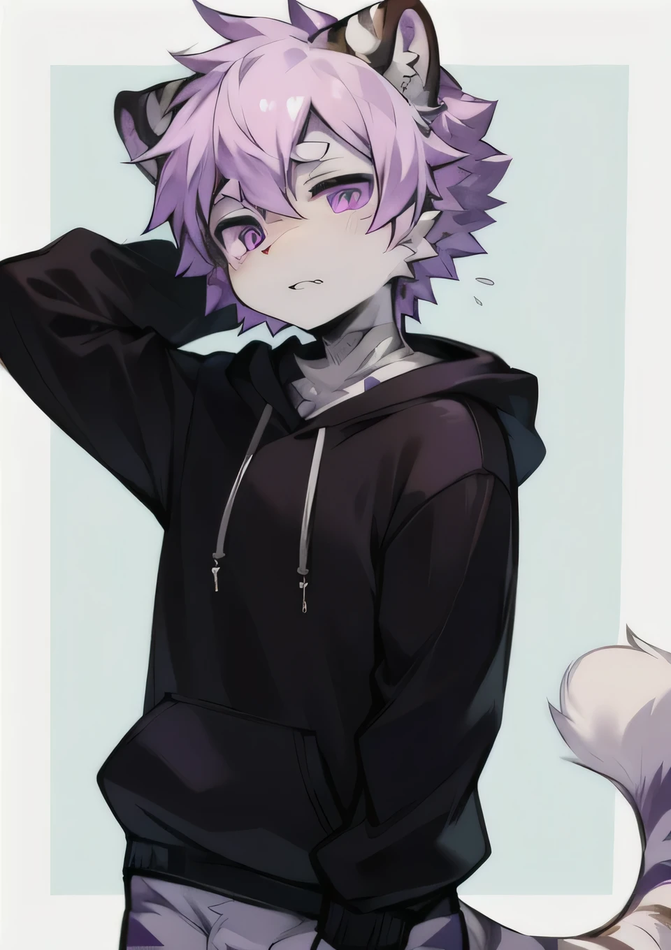 White Tiger, calm, male, 1.6, lol, Purple Eyes,, Hoodie, bandage, teenager, single, Not colorful