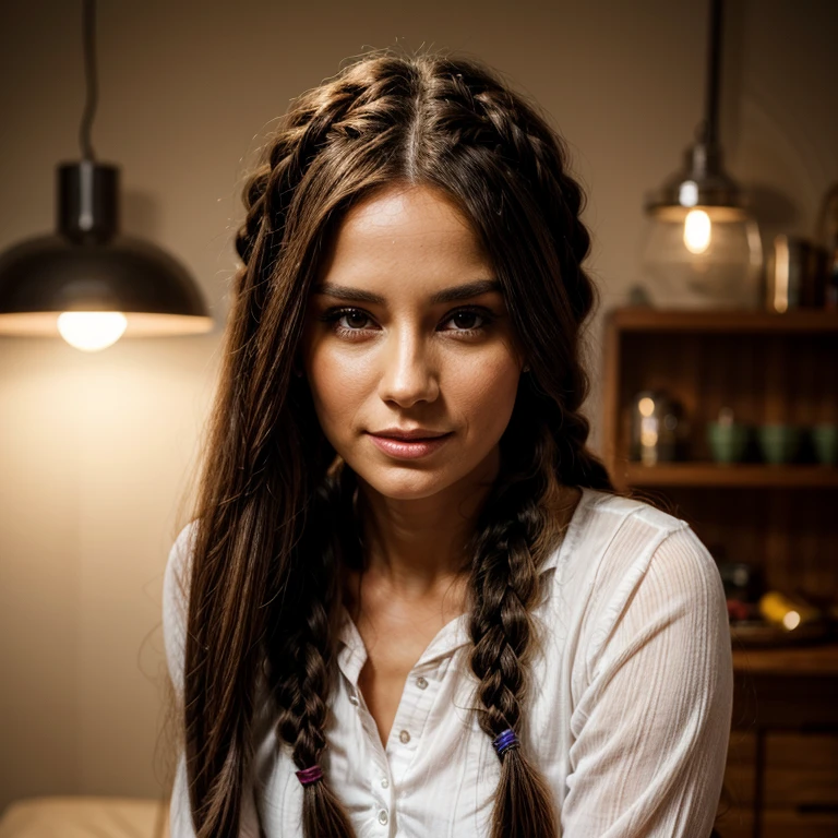 a beautiful woman, 35 years old, hair in two braids on each side, fine hair