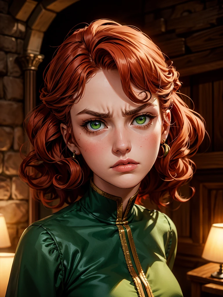 (At night time, low light) fair complexion, woman around 19 years old, red curly hair, distinctive green eyes, wearing a beautiful medieval green dress, slender and graceful, beautiful, angry face, in a medieval room bed, ultra sharp focus, realistic shot,, sultry look, seductive,
