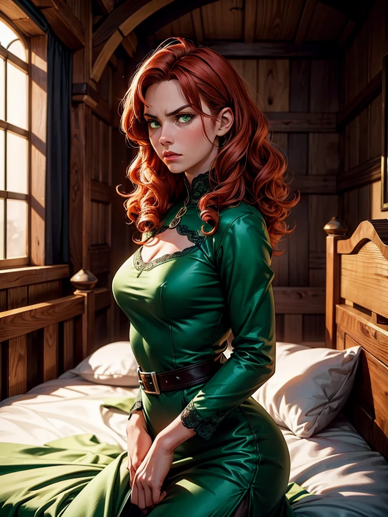 (At night time, low light) fair complexion, woman around 19 years old, red curly hair, distinctive green eyes, wearing a beautiful medieval green dress, slender and graceful, beautiful, angry face, in a medieval room bed, ultra sharp focus, realistic shot,, sultry look, seductive,
